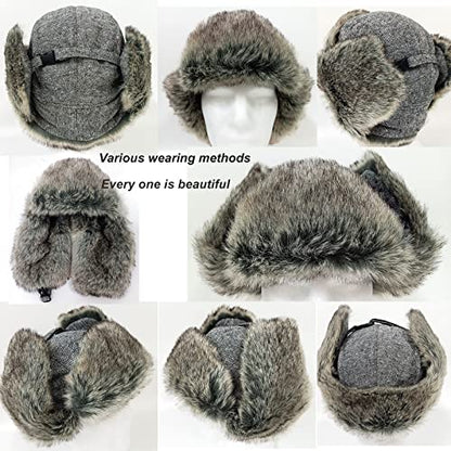 HEYANN Trapper Hat,Warm Faux Fur Trooper Ushanka Russian Bomber Eskimo Pilot Winter Hats with Ear Flaps for Men and Women - color: Greyganghua, size: Large