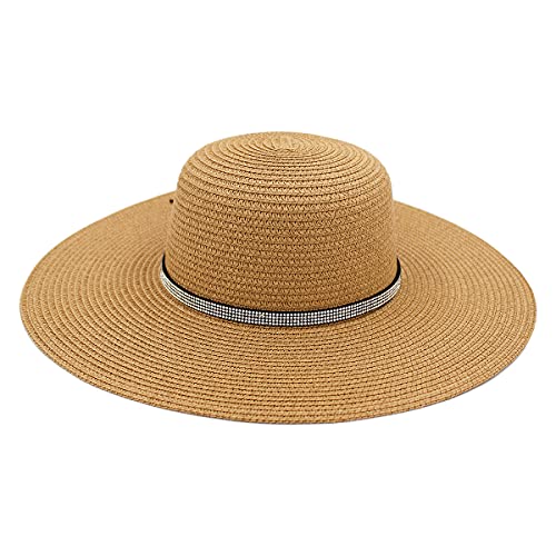 4.5" Wide Brim Foldable UPF50 Rhinestone Trim Floppy Summer Straw Sun Beach Hat - color: Tan