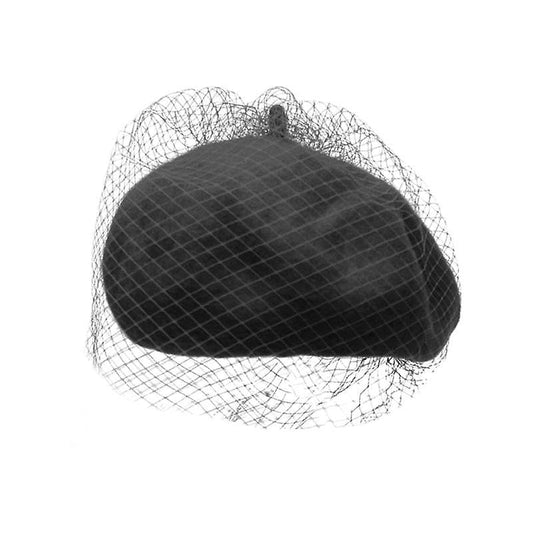 Women Wool Beret Hat, Classic French Artist Hat, Winter Warm Hat for Ladies - color: Black and Veil