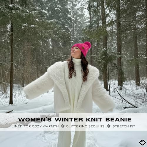Funky Junque Women's Sequin Pom Beanies – Soft Knit Sparkly Bling Winter Hats for Women, Faux Fur Pom Glitter Sparkle Hat - color: Chunky Sequin - White & Hot Pink