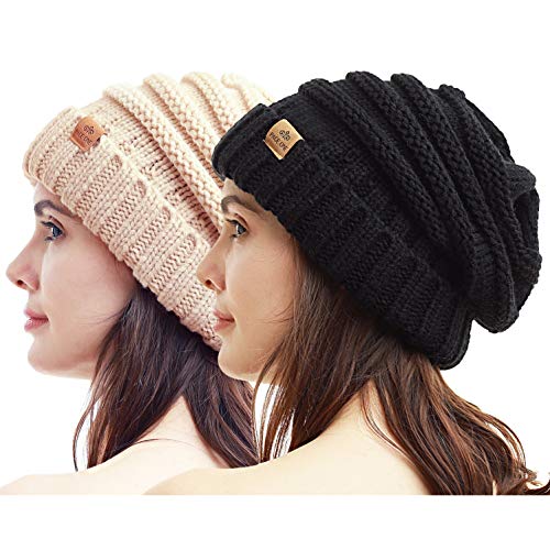 Womens Winter Beanie Warm Knit Hat Cable Stretch Trendy Ribbed Chunky Cap - color: Black+oat