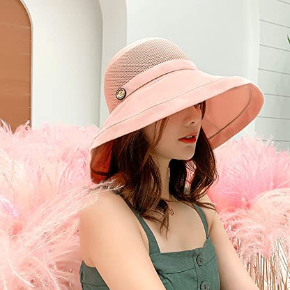 Women Wide Brim Sun Hats Metal Wired Edge Summer UV Protection Beach Fishing Hat for Hiking Garden Travel Chin Strap - color: B3-fyu001-pink, size: One Size