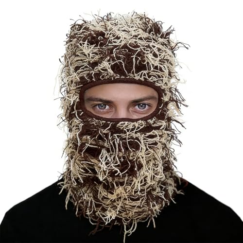 Distressed Ski Mask Balaclava, Yeat Shiesty Knitted Full-Face Mask - color: Coffee
