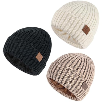 HONGTEYA 3 Pack Winter Beanie for Men Women, Thicken Thermal Plush Lined Beanie Fashion Warm Knit Hat for Cold Weather - color: Black+white+camel