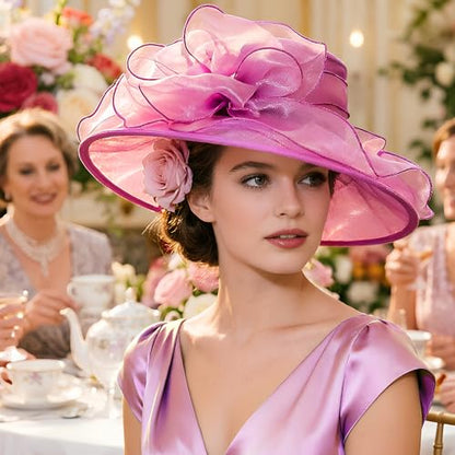 DRESHOW Women Organza Hat Church Cap Hats Clearance Kentucky Derby Cocktail Tea Party Wedding Flower Hat with Wide Brim - color: Bow Hat: Rose Pink