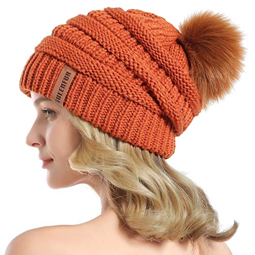 Women Knit Slouchy Beanie Chunky Baggy Hat with Faux Fur Pompom Winter Soft Warm Ski Cap - color: D8-orange