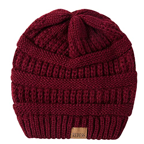 REDESS Slouchy Beanie Hat for Men and Women Winter Warm Knit Hat Chunky Soft Oversized Cable Cap - color: B3 Wine Red