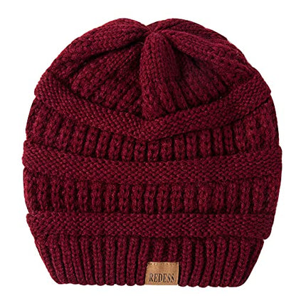 REDESS Slouchy Beanie Hat for Men and Women Winter Warm Knit Hat Chunky Soft Oversized Cable Cap - color: B3 Wine Red
