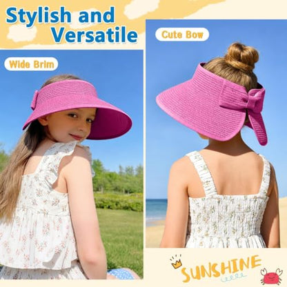 ZOORON Girls Straw Sun Visor Hat, Wide Brim Ponytail Beach Hat with Bow - color: Rose Red