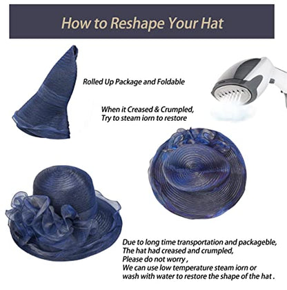 Organza Kentucky Fascinator Hat for Women - Derby Cocktail Tea Party Sun Hat Wedding Bridal Flower Church Hat Packable - color: Dark Navy