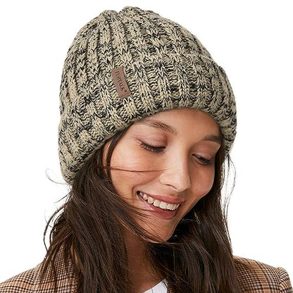 Fleece Lined Beanie Cable Knit Chunky Beanies Womens Snow Cap - color: Tone Beige/Black Mix