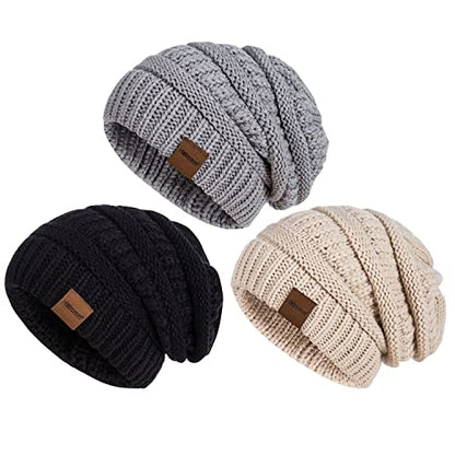 Slouchy Women's Winter 3 Pieces Beanie Hat Women Men Oversized Warm Knitted Women's Hat Winter Thick for Cold Weather - color: Black+oatmeal+soft Gray