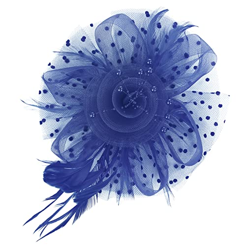 Century Star 2026 Kentucky Hat Derby Fascinator for Women Tea Party Flower Mesh Ribbons Feathers Headband Hair Clips - color: Navy
