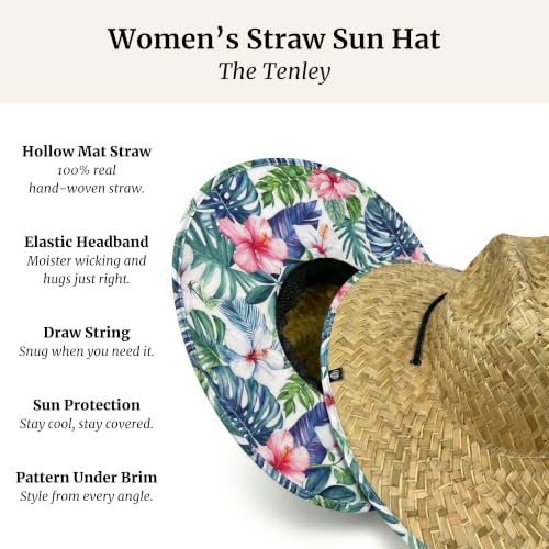 Women's Wide Brim Straw Sun Hat for Beach, Lifeguard Style, Hand-Woven Rush & Mat, Adjustable Chin Drawstring - color: The Tenley