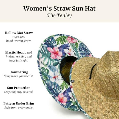 Women's Wide Brim Straw Sun Hat for Beach, Lifeguard Style, Hand-Woven Rush & Mat, Adjustable Chin Drawstring - color: The Tenley