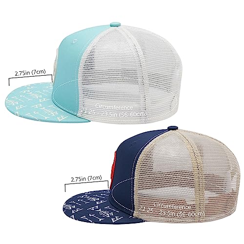 BASSDASH 2 Pack Flat Brim Trucker Cap Adjustable Snapback Hat Mesh Back for Men Women Fishing Hunting - color: Pack of 2,turquoise & Navy Blue