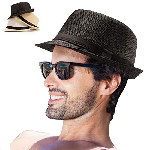 LADYBRO 7 1/4 Straw Fedora Hats for Men Summer Short Brim Trilby for Travel (Pack of 3, M/L) - color: Milky White, Yellow, Black