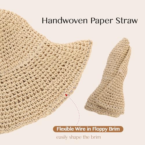 Oweisong Sun Hats for Women Wide Brim Floppy Beach Hats Packable Boho Crochet Straw Hat for Summer Vacation Travel - color: Begie