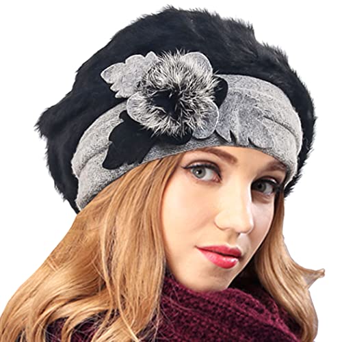 Women's Wool Dress Church Cloche Hat Bucket Winter Floral Hat - color: Angola-black