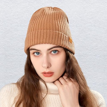 100% Merino Wool Cuff Beanie Hat, Unisex Warm Winter Caps Soft, Breathable & Cozy Stretchy Knitted Cuffed Cap - color: Camel