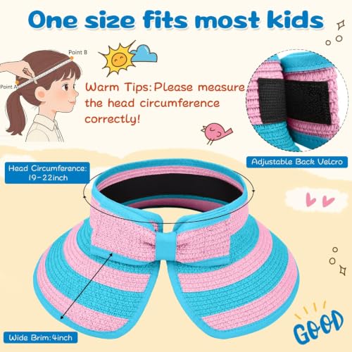 ZOORON Girls Straw Sun Visor Hat, Wide Brim Ponytail Beach Hat with Bow - color: Seablue+pink