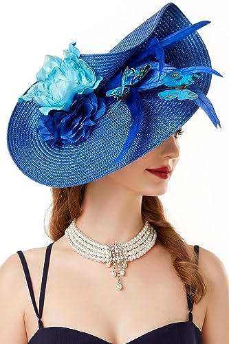 BABEYOND Tea Party Fascinator Hat for Women Kentucky Headwear Derby Wide Brim Butterfly Church Hat for Cocktail Wedding - color: Royal Blue