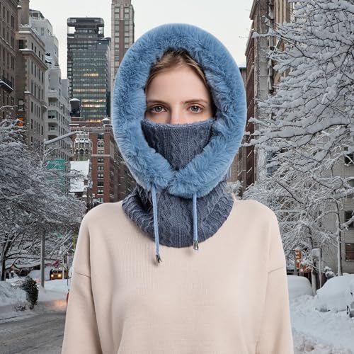 HUAMULAN Women Cable Knit Balaclavas Winter Fleece Lined Beanie Hat - color: Blue