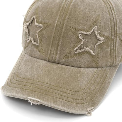 Retro Washed Distressed Baseball Cap with Five Pointed Stars for Women Men - color: Khaki