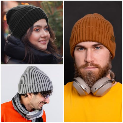 HONGTEYA 3 Pack Winter Beanie for Men Women, Thicken Thermal Plush Lined Beanie Fashion Warm Knit Hat for Cold Weather - color: Black+gray+brown