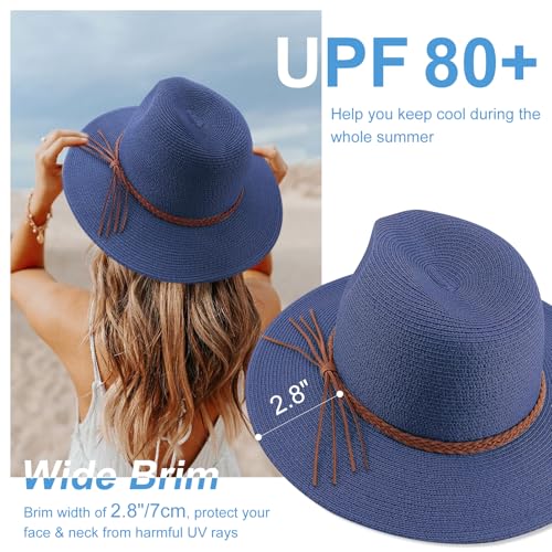 DRESHOW Women Straw Panama Hat Travel Fedora Beach Sun Hat Summer Wide Brim Straw Roll up Hat UPF 50+ - color: Straw Hat With Braided Band: Navy