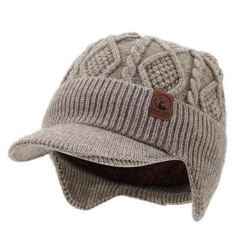 Winter Beanie with Brim Thick Fleece Knit Hat Short Brim Newsboy Hats Warm Earflaps Slouchy Skull Ski Caps - color: Mg-hem25107-khaki