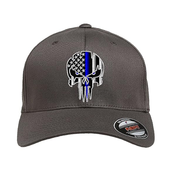 G&B Red Thin Red/Blue Line Spartan Helmet & Distressed Skull Flex Baseball Cap. Embroidered. 6277/6477 Flex Baseball Hat - color: Dark Grey, size: Small-Medium
