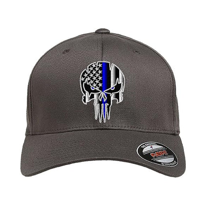 G&B Red Thin Red/Blue Line Spartan Helmet & Distressed Skull Flex Baseball Cap. Embroidered. 6277/6477 Flex Baseball Hat - color: Dark Grey, size: Small-Medium