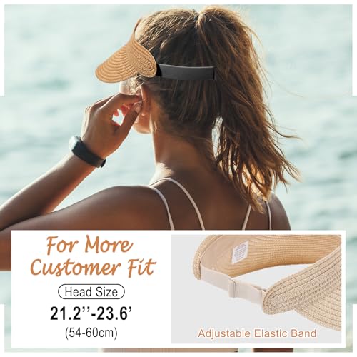 Chicingyou Sun Visor Hat for Women Wide Brim Straw Visors Beach Hat Ponytail UV UPF Packable Foldable Travel - color: Brown