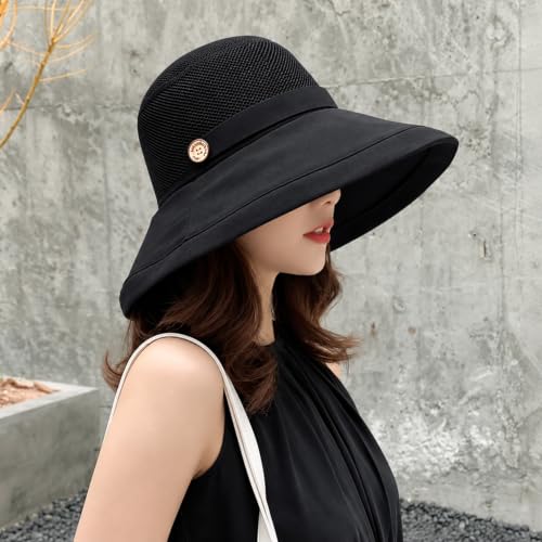 Women Wide Brim Sun Hats Metal Wired Edge Summer UV Protection Beach Fishing Hat for Hiking Garden Travel Chin Strap - color: B2-fyu001-black, size: One Size