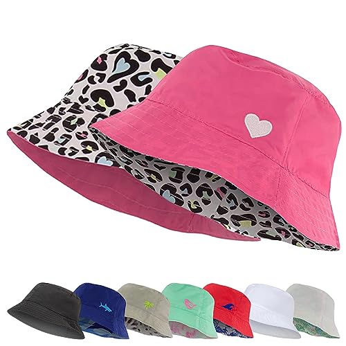 Kids Bucket Hat for Girls & Boys, Packable Fun & Cool Reversible Beach Sun Teen Toddler Bucket Hat - Ages 3-14 Years - color: Pink / Leopard, size: 7-14 Years