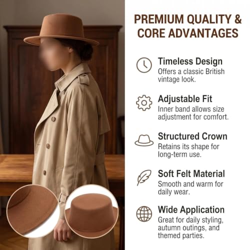 Black Flat Top Fedora Hat, Wool Blend Derby Cap Classic Formal Hat for Events & Daily Wear - color: Khaki