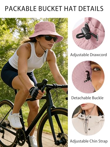 Splash-Proof Packable Bucket Hat for Men Women Lightweight Foldable Fishing Hiking Sun Hat with Adjustable Chin Strap - color: Pink