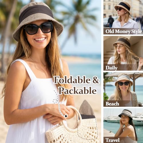 Babalet Women Faux Linen Blend Beach Bucket Hat Lightweight Fisherman Hat - color: Marled Beige / Brown Band