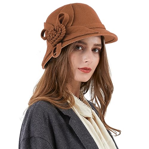 Ladies Wool Felt Bucket Hat Women Vintage Cloche Fedora Winter Church Bowler Hat with Bow - color: Khaki Rose