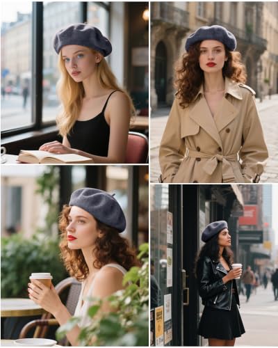 French Beret Hats for Women - Wool Solid Color Beanie Cap - color: Black Ash