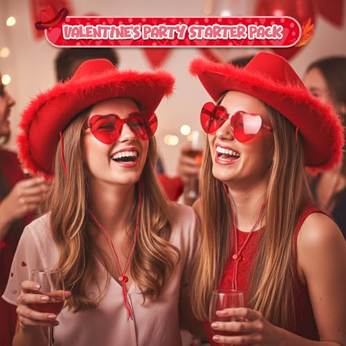 4E's Novelty Cowboy Hat with feathers With Heart Shaped Sunglasses for Women, Felt Cowgirl Hat for Party Costume Dress Up - color: Red