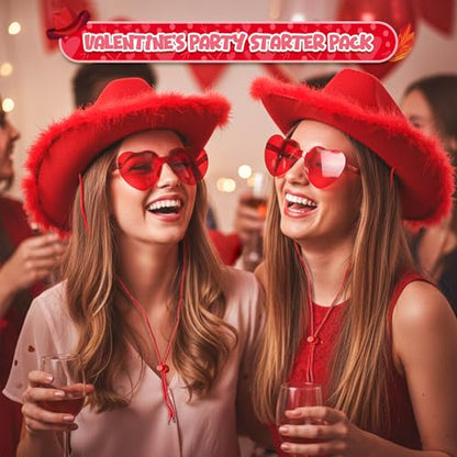 4E's Novelty Cowboy Hat with feathers With Heart Shaped Sunglasses for Women, Felt Cowgirl Hat for Party Costume Dress Up - color: Red
