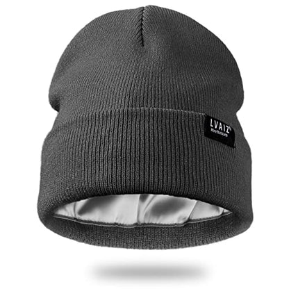 Satin Lined Winter Beanie Hats for Women Men Cotton Knitted Cuffed Knit Hat - color: Dark Grey