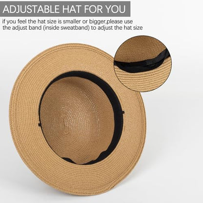 Straw Boater Summer Sun Hat - Wide Brim Fedora Panama Beach Hat for Women - color: Green Band
