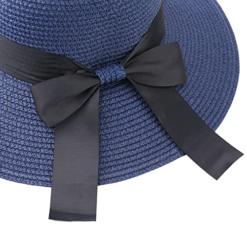 Sun Straw Hat for Women with Wind Lanyard Wide Brim Foldable Beach Summer Hats Womens UV 50+ Protection Bowknot Cap - color: Navy Blue