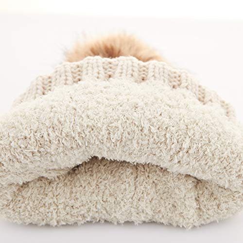 C.C Exclusives Fuzzy Lined Knit Fur Pom Beanie Hat (YJ-820) - color: Beige