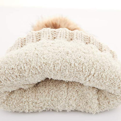 C.C Exclusives Fuzzy Lined Knit Fur Pom Beanie Hat (YJ-820) - color: Beige