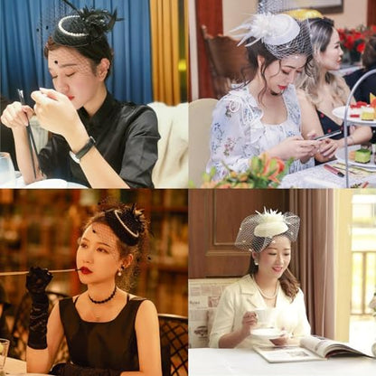 Fascinator Pillbox Hat for Women, Feather Flower Pearls Hair Headwear Veil - color: White