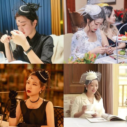 Fascinator Pillbox Hat for Women, Feather Flower Pearls Hair Headwear Veil - color: Green